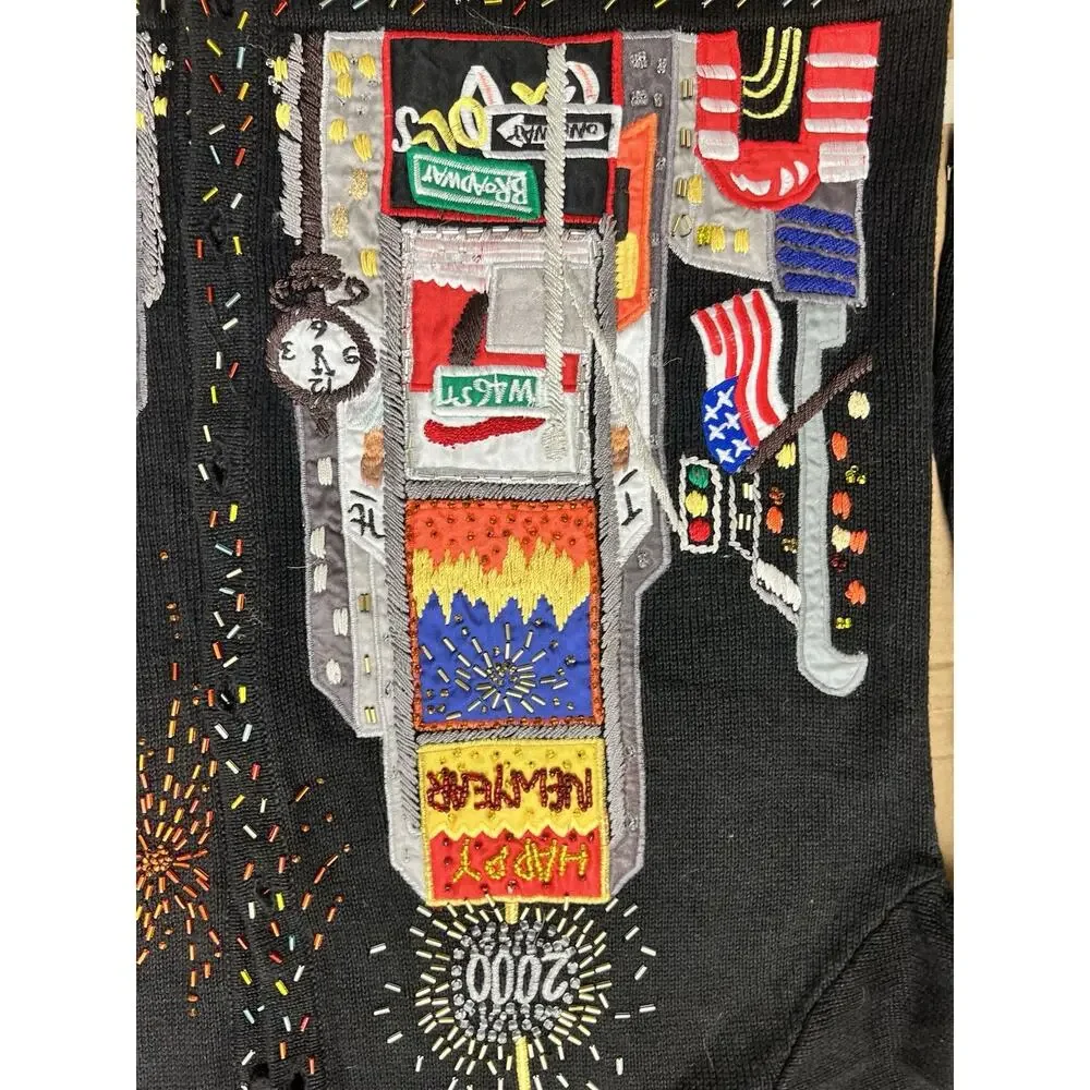 Paul Harris Design Sweater Large Y2K 2000 Times Square Beaded Embroidered Knit - Picture 3 of 8